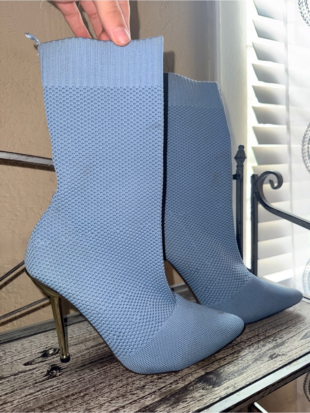 Light Blue Knit Sock Booties with Gold Metallic Stiletto Heel
